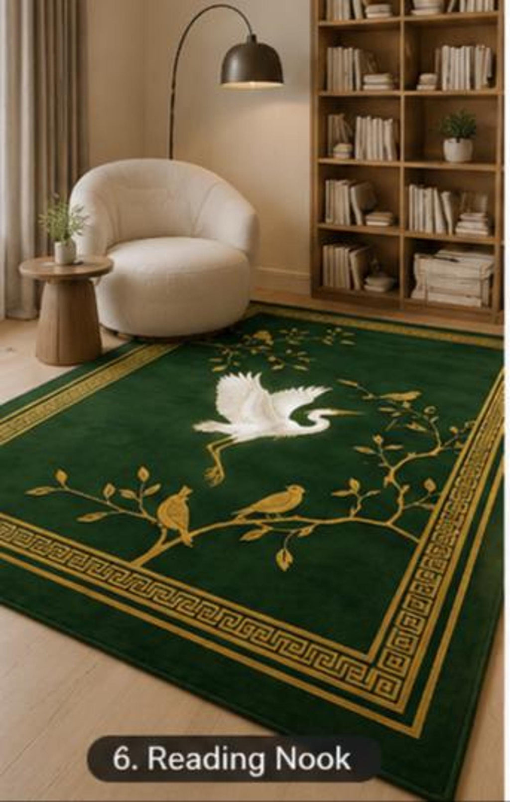 Chinoiserie Crane Rug, Hand-Tufted Emerald Carpet, Gold Songbird Accent | 100% New Zealand Wool | Made to Order