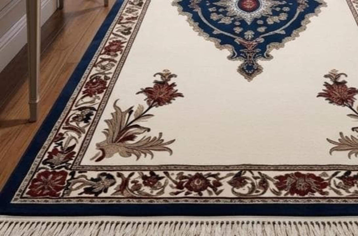 Luxury Wool Area Rug, Ivory Sapphire Medallion with Burgundy Floral Border, Hand-Tufted Traditional Decor | Made to Order