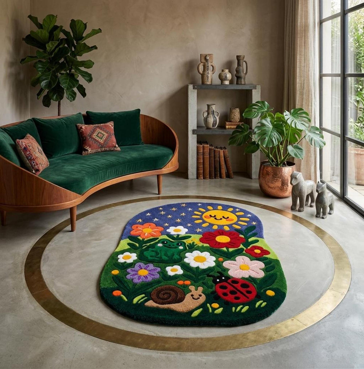 Whimsical Garden Rug, Hand-Tufted Wool Floor Art, 3D Carved Ladybug and Frog Details | Made to Order