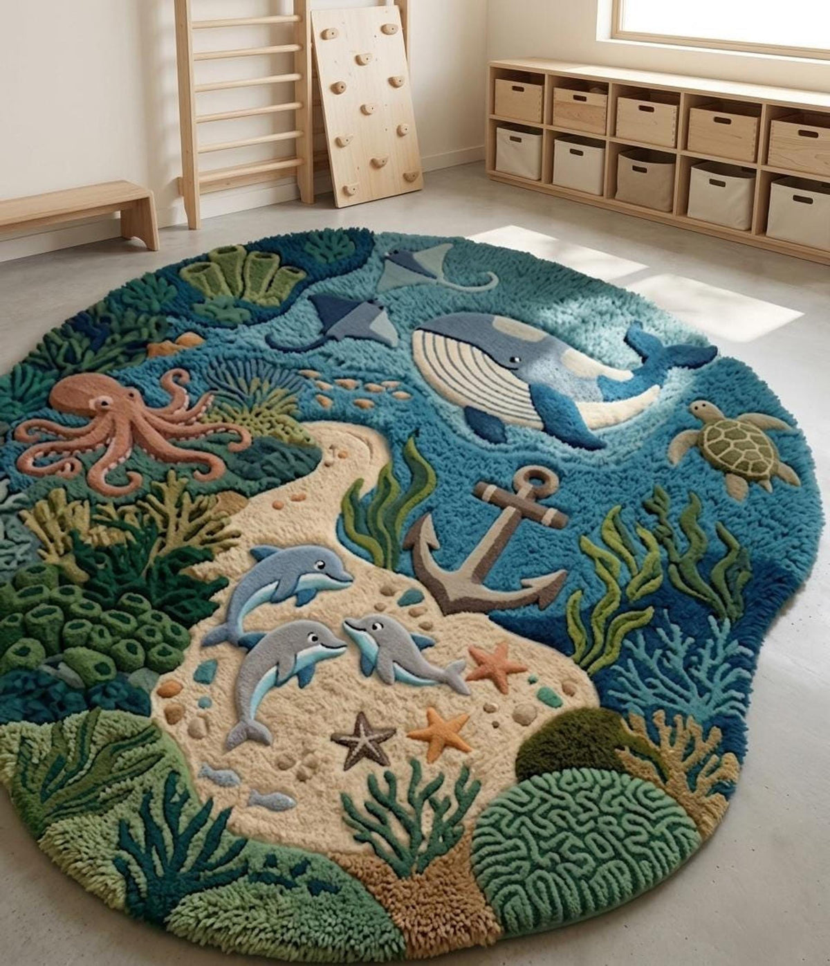 3D Ocean Area Rug, Deep Sea Kids Carpet for Playrooms, Hand-Tufted Marine Life Design | 100% New Zealand Wool | Made to Order