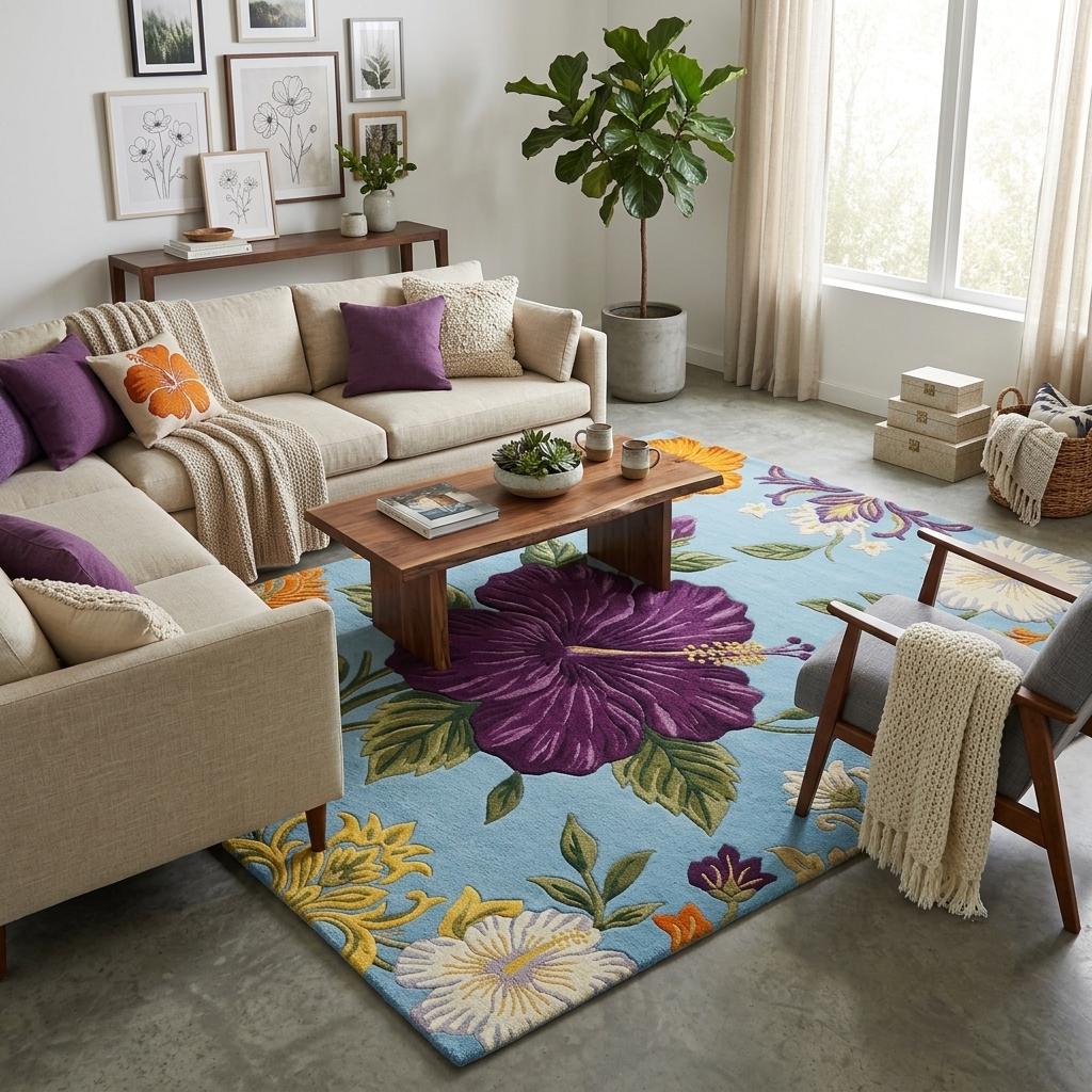 Vibrant 3D Sculpted Purple Hibiscus Hand-Tufted Rug – Sky Blue & Tropical Floral Bloom Carpet | Made to Order