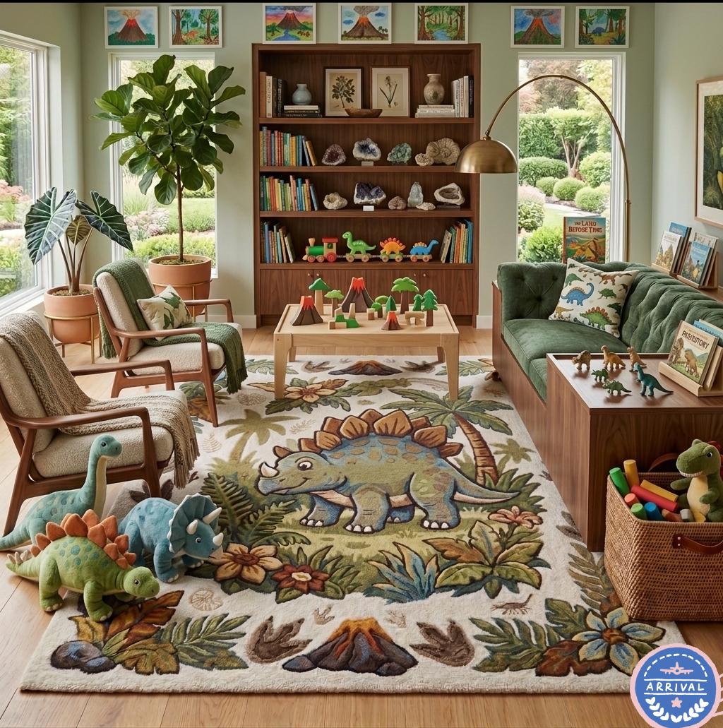 Hand-Made Wool Triceratops Rug – Prehistoric Jungle Kids Playroom Carpet | 100% New Zealand Wool | Made to Order