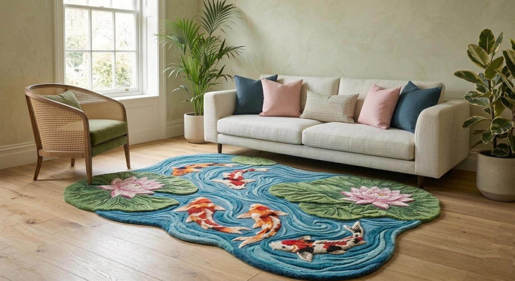 Koi Fish Pond Rug, 3D Lotus Carpet, Japanese Decor Floor Mat | Made to Order