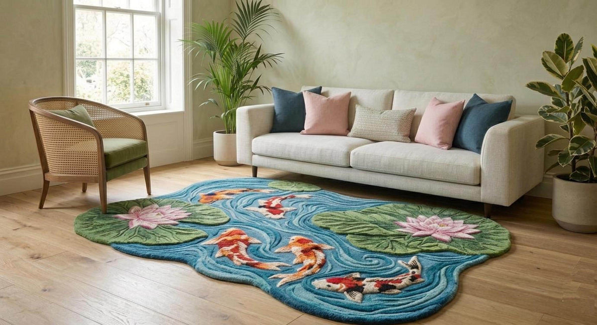 Koi Fish Pond Rug, 3D Lotus Carpet, Japanese Decor Floor Mat | Made to Order