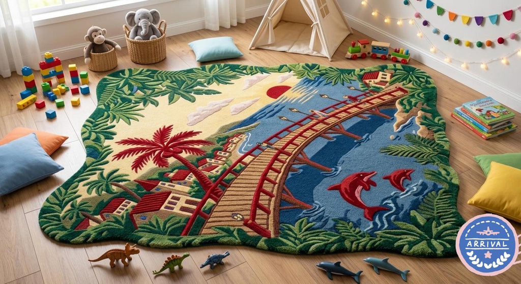 3D Coastal Area Rug, Hand-Tufted Pier Scene, Blue Waters with Pink Dolphins | 100% New Zealand Wool | Made to Order