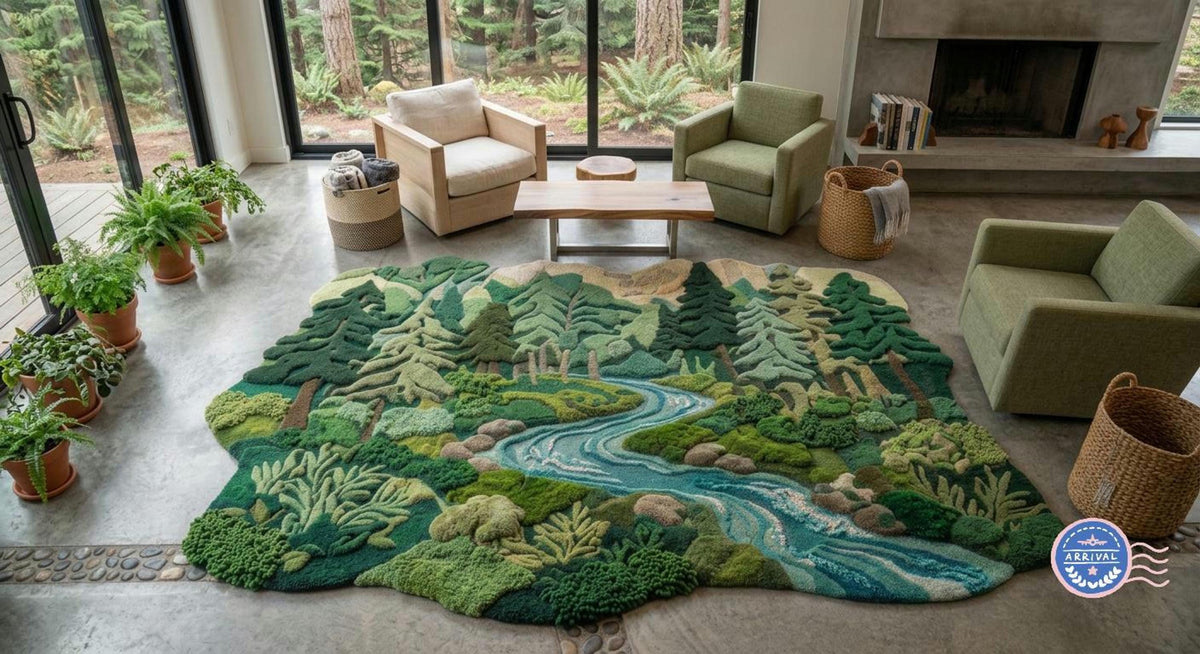 3D Landscape Rug, Mossy River Carpet for Nature Lovers, Handmade Wool Woodland Decor | Made to Order