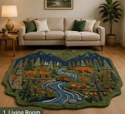 Hand-Carved Wool Forest Wildlife Rug – Mountain Stream, Deer, Bear, Fox Scene | Made to Order