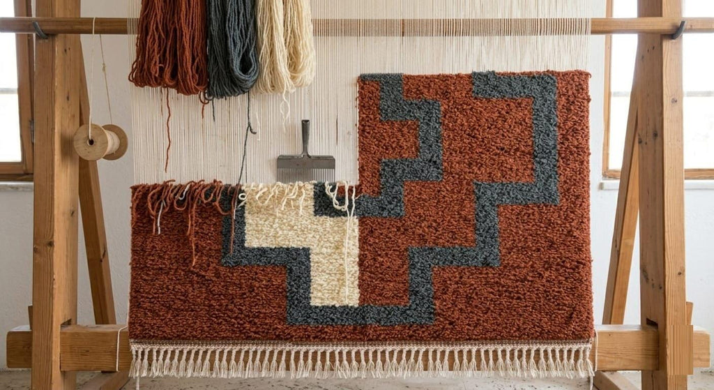 Hand Knotted Wool Area Rug – Rust & Cream Geometric Cross Motif | Free Doorstep Delivery to USA (Made to Order)