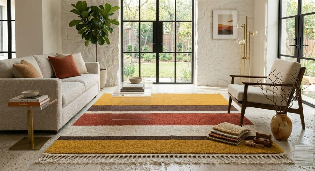 Hand Knotted Wool Area Rug – Mustard, Rust & Cream Modern Stripes | Free Doorstep Delivery to USA (Made to Order)