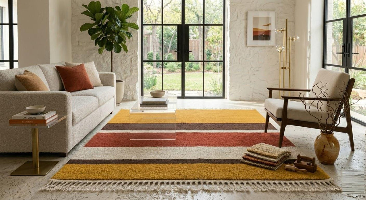 Hand Knotted Wool Area Rug – Mustard, Rust & Cream Modern Stripes | Free Doorstep Delivery to USA (Made to Order)