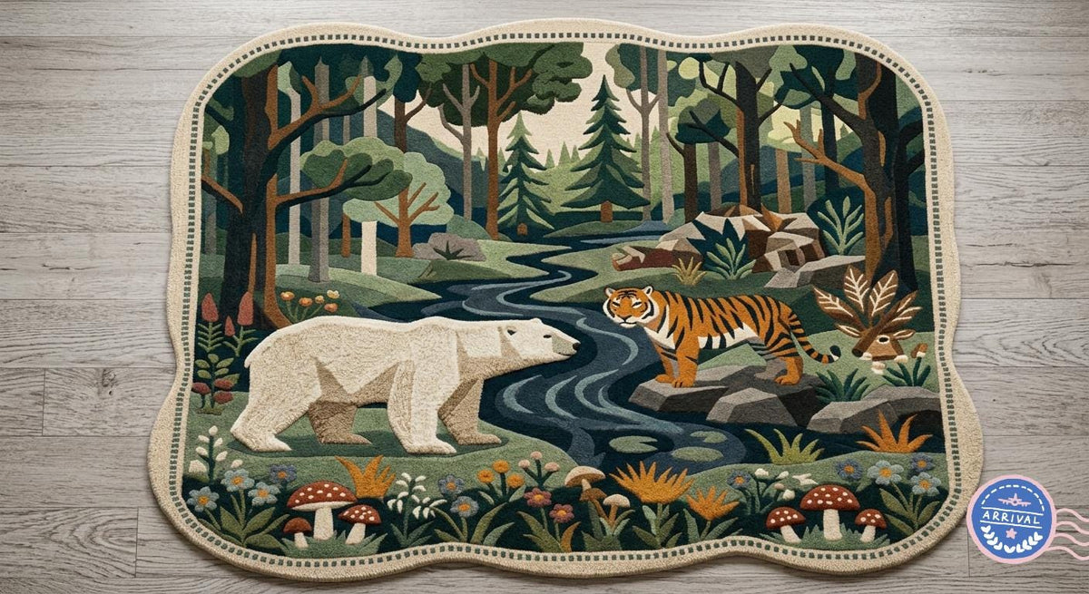 Hand-Made Wool Rug – Polar Bear Tiger Forest Scenery, Scalloped Edge Carpet | 100% New Zealand Wool | Made to Order