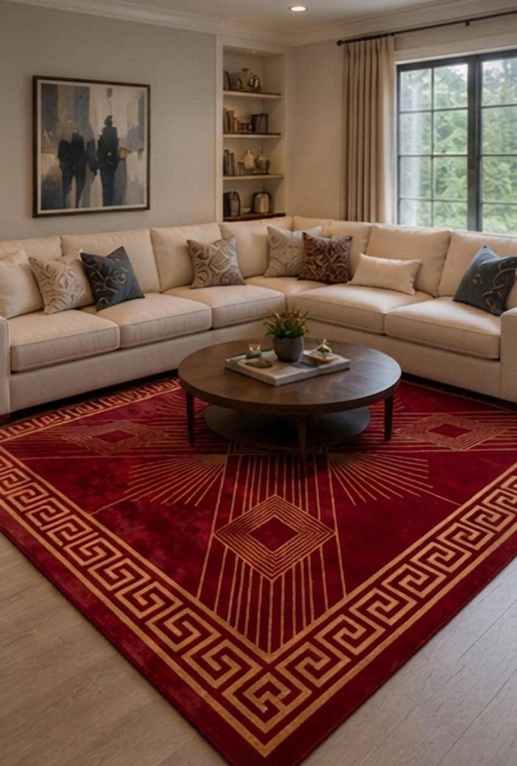 Red Geometric Area Rug, Art Deco Crimson and Gold Decor, Hand-Tufted Wool with Greek Key Border | 100% New Zealand Wool | Made to Order