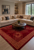Red Geometric Area Rug, Art Deco Crimson and Gold Decor, Hand-Tufted Wool with Greek Key Border | 100% New Zealand Wool | Made to Order