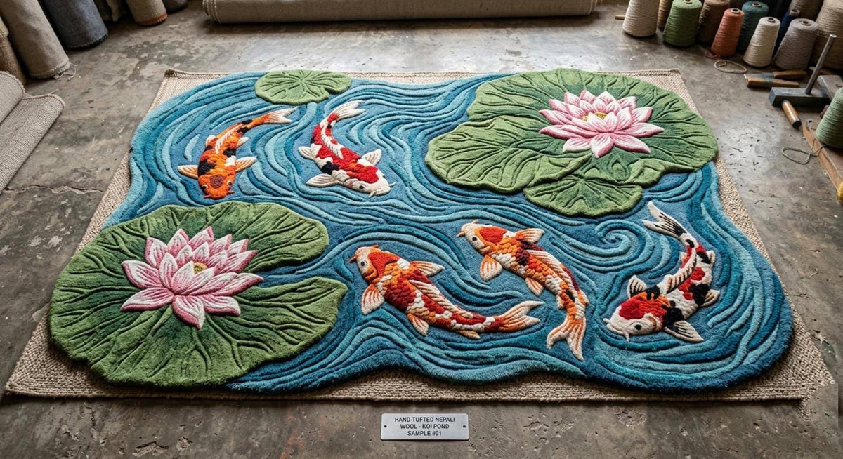 Koi Fish Pond Rug, 3D Lotus Carpet, Japanese Decor Floor Mat | Made to Order