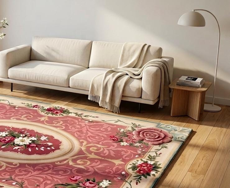 Hand-Tufted Wool Rug – French Rose Medallion, Dusty Rose Floral Aubusson Carpet | Made to Order