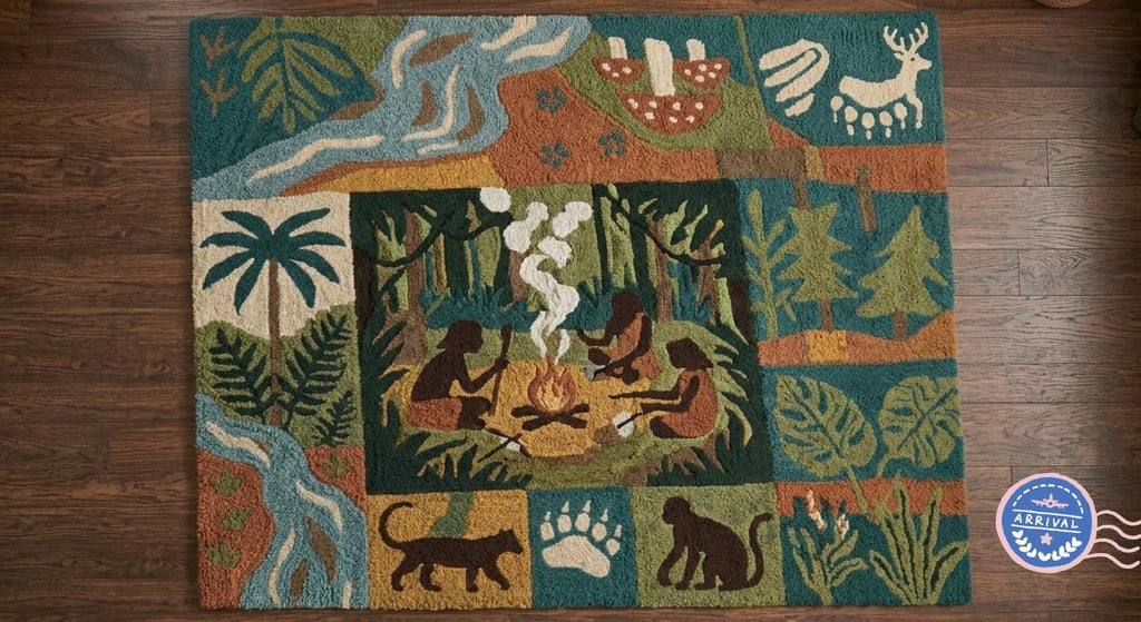 Hand-Made Campfire Storytelling Rug, 3D Textured Wilderness Collage Carpet | 100% New Zealand Wool | Made to Order