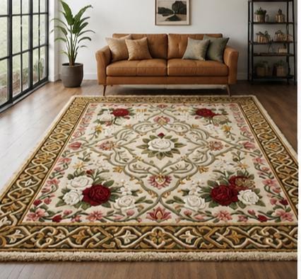 Luxury 3D Sculpted French Rose Medallion Hand-Tufted Rug – Red & White Floral Aubusson Carpet | Made to Order