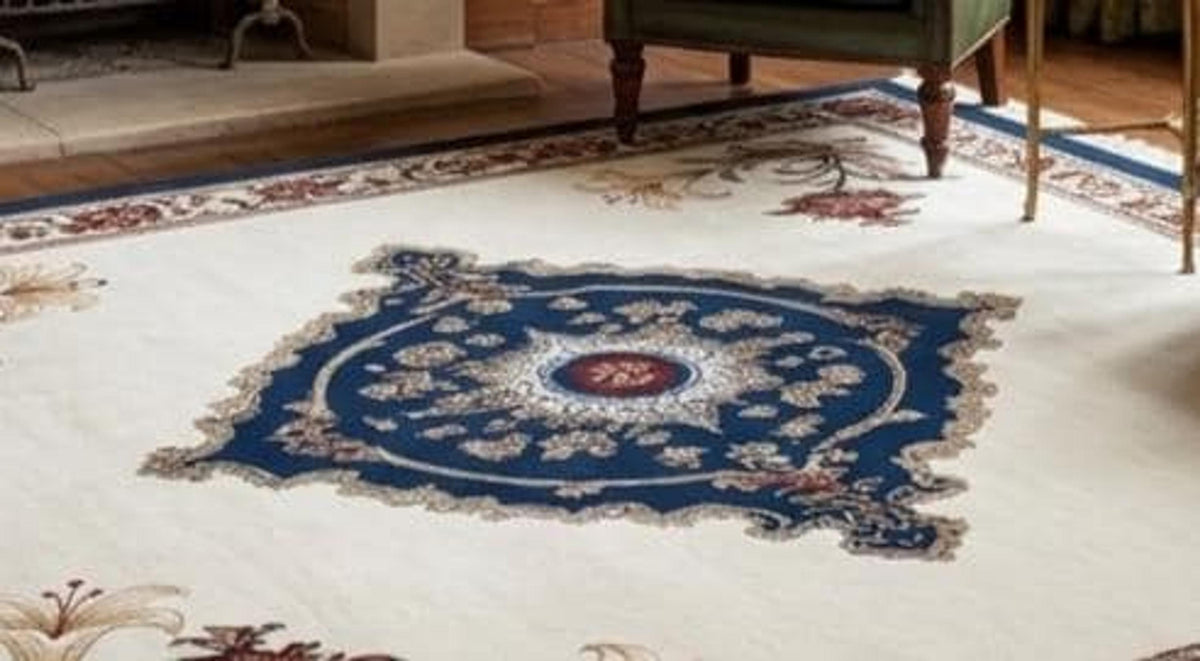 Luxury Wool Area Rug, Ivory Sapphire Medallion with Burgundy Floral Border, Hand-Tufted Traditional Decor | Made to Order