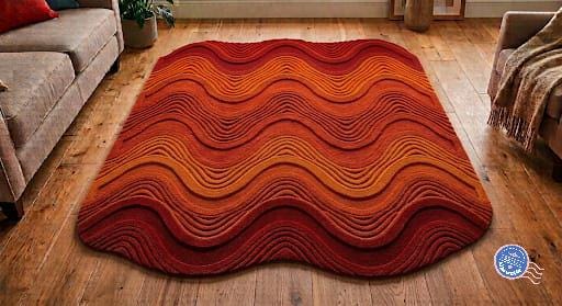 Handcrafted in India 3D Wavy Wool Rug - Sculpted Rust Orange Sunset Gradient Area Carpet, Retro 70s Groovy Mid-Century Modern Irregular | Made to Order