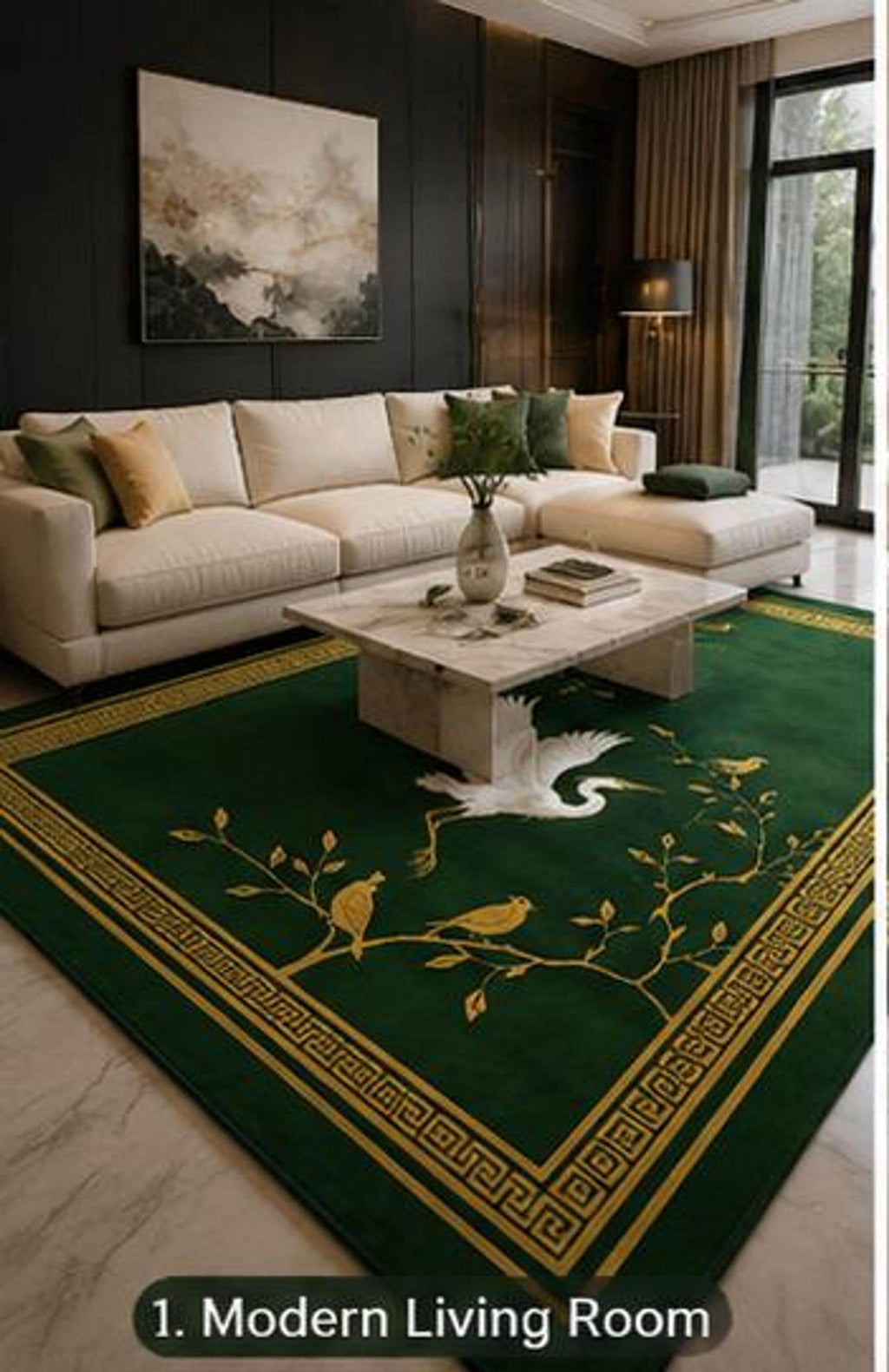 Chinoiserie Crane Rug, Hand-Tufted Emerald Carpet, Gold Songbird Accent | 100% New Zealand Wool | Made to Order
