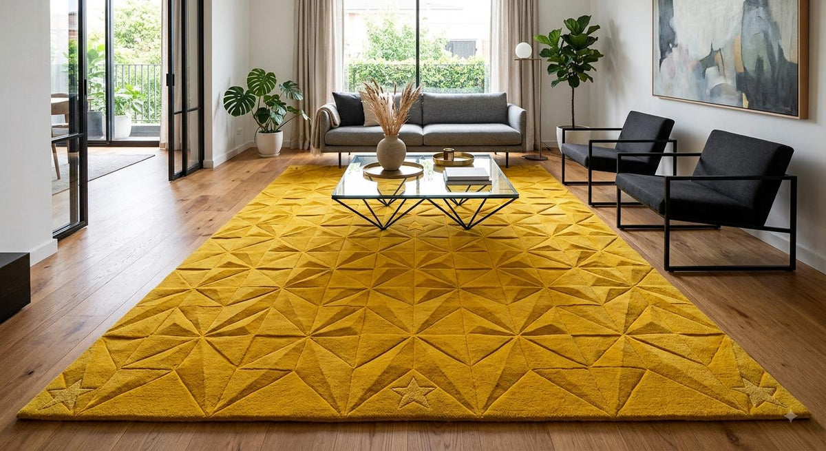 3D Sculpted Geometric Origami Rug – Mustard Yellow Ochre | 100% New Zealand Wool | Made to Order
