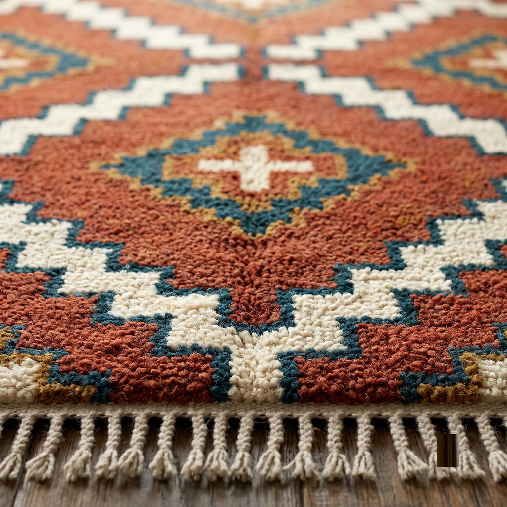 Hand Knotted Wool Area Rug – Rust, Cream & Blue Geometric Diamond | Free Doorstep Delivery to USA (Made to Order)