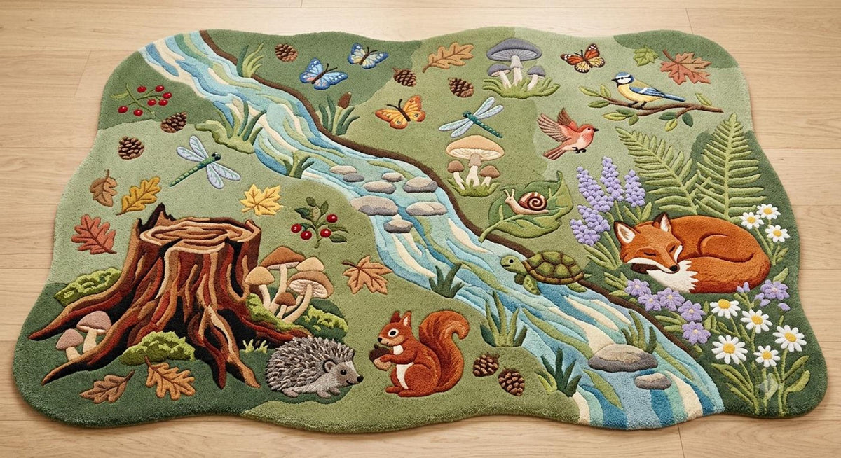 Woodland Animal Area Rug, Meadow Stream Carpet for a Storybook Nursery, Hand-Carved Wool Design | 100% New Zealand Wool | Made to Order