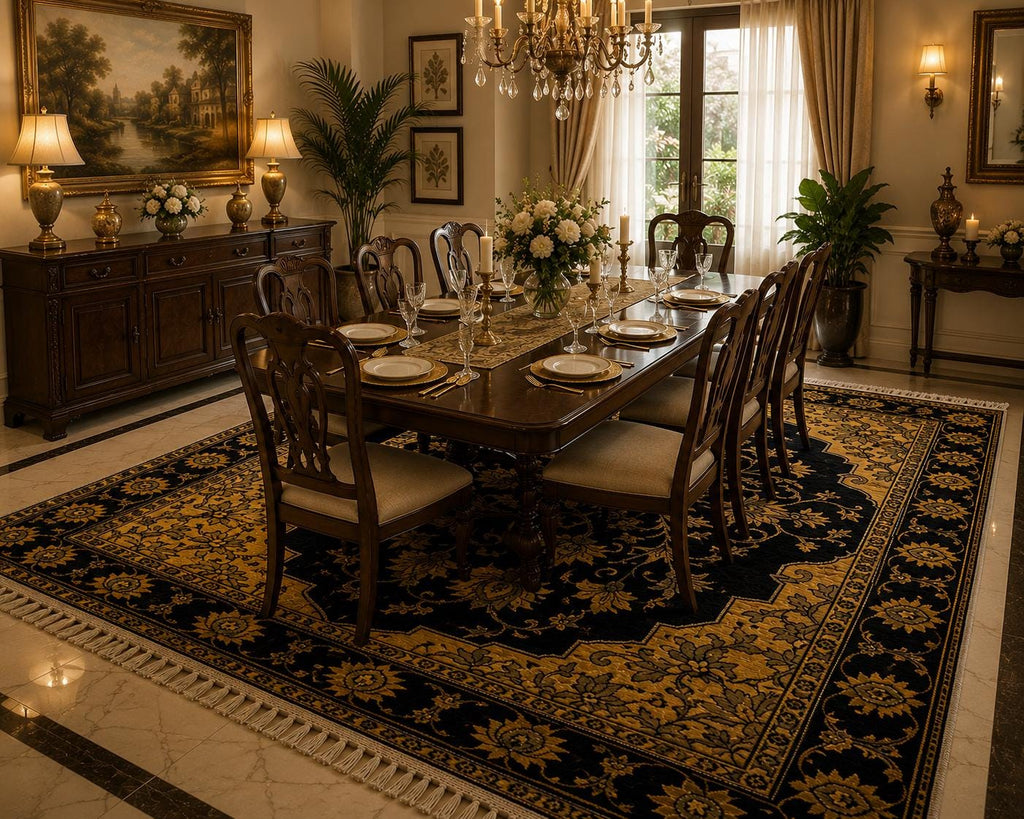 Hand Knotted Wool Area Rug – Black & Gold Floral Oriental | Free Doorstep Delivery to USA (Made to Order)