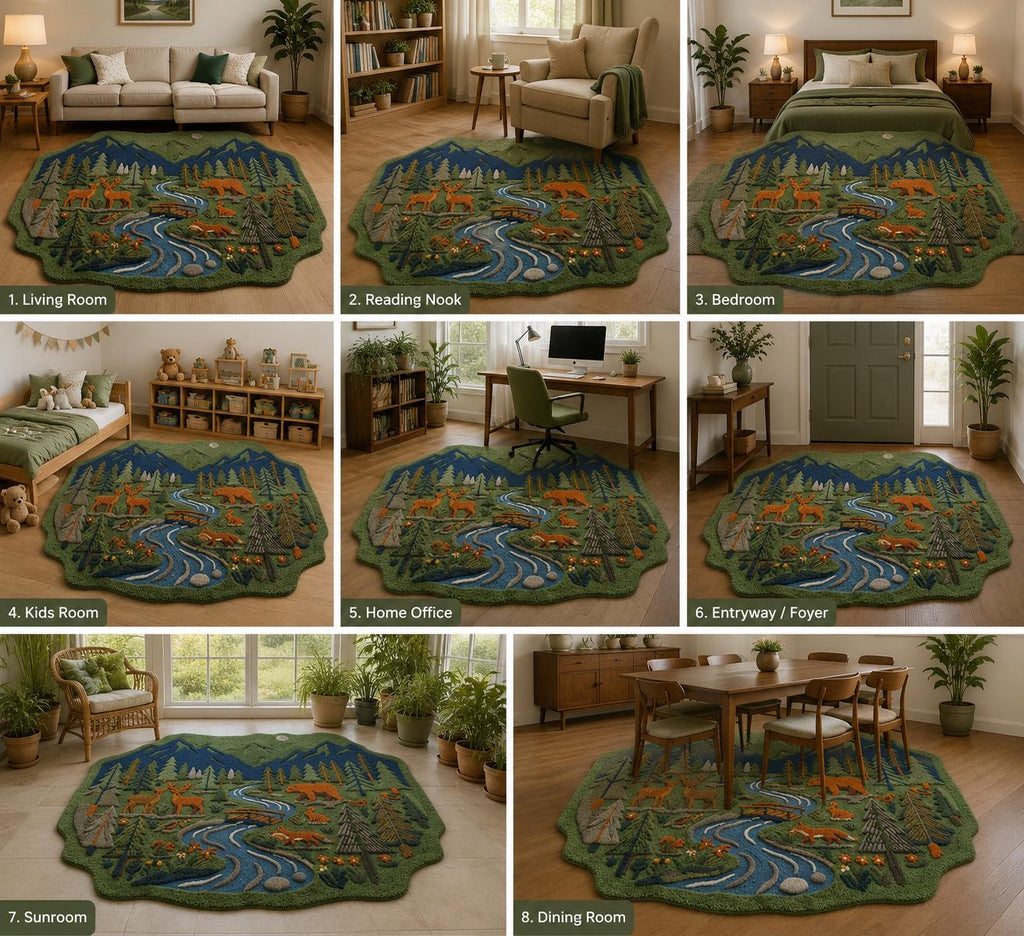 Hand-Carved Wool Forest Wildlife Rug – Mountain Stream, Deer, Bear, Fox Scene | Made to Order