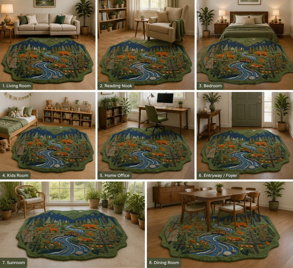 Hand-Carved Wool Forest Wildlife Rug – Mountain Stream, Deer, Bear, Fox Scene | Made to Order