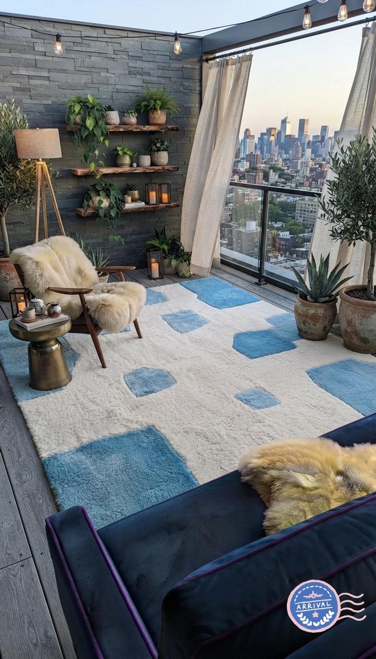 Blue Geometric Shag Area Rug, Handmade Cream 3D High Pile Design, Modern Home Decor | Made to Order