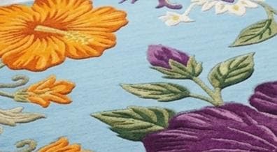 Vibrant 3D Sculpted Purple Hibiscus Hand-Tufted Rug – Sky Blue & Tropical Floral Bloom Carpet | Made to Order