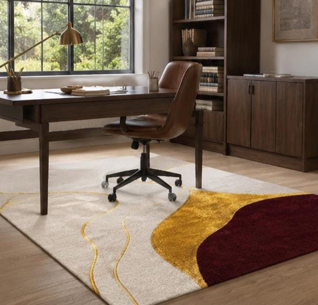 Modern Abstract Wool Runner Rug, Ivory, Gold and Burgundy Pattern, Handcrafted Bhadohi Carpet | Made to Order