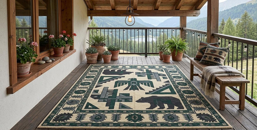 Hand Knotted Wool Southwest Bear Rug – Native American Thunderbird Cabin Carpet | Free Doorstep Delivery to USA (Made to Order)