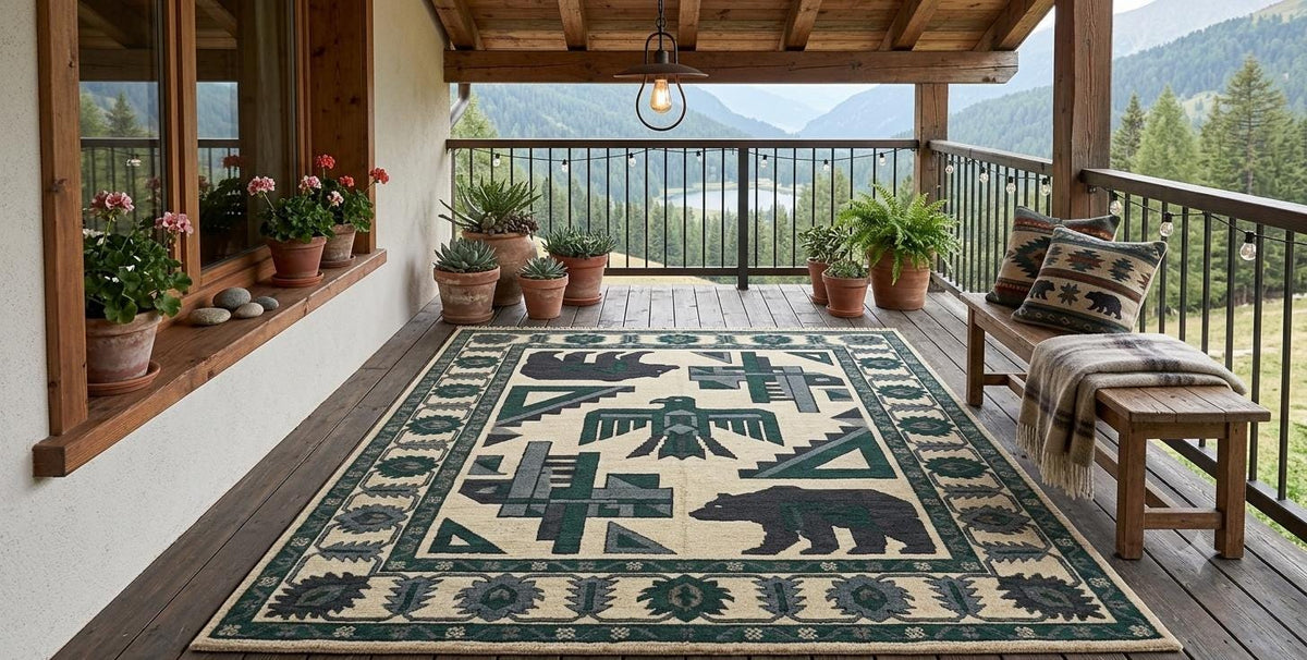 Hand Knotted Wool Southwest Bear Rug – Native American Thunderbird Cabin Carpet | Free Doorstep Delivery to USA (Made to Order)