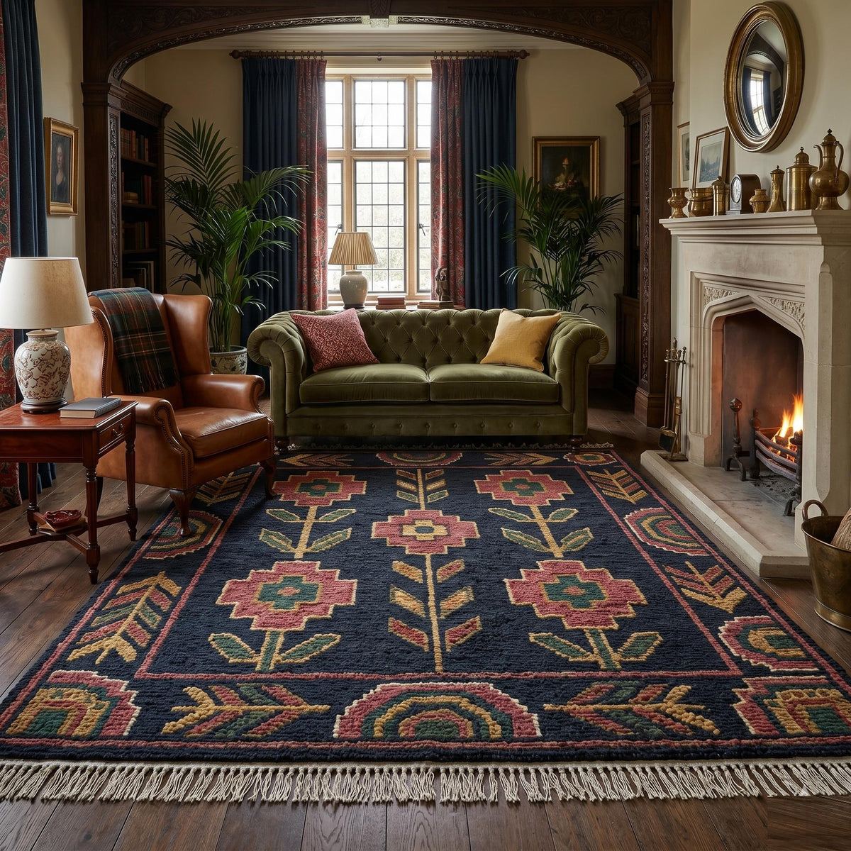 Hand Knotted Wool Area Rug – Dark Floral Geometric with Intricate Border | Free Doorstep Delivery to USA (Made to Order)