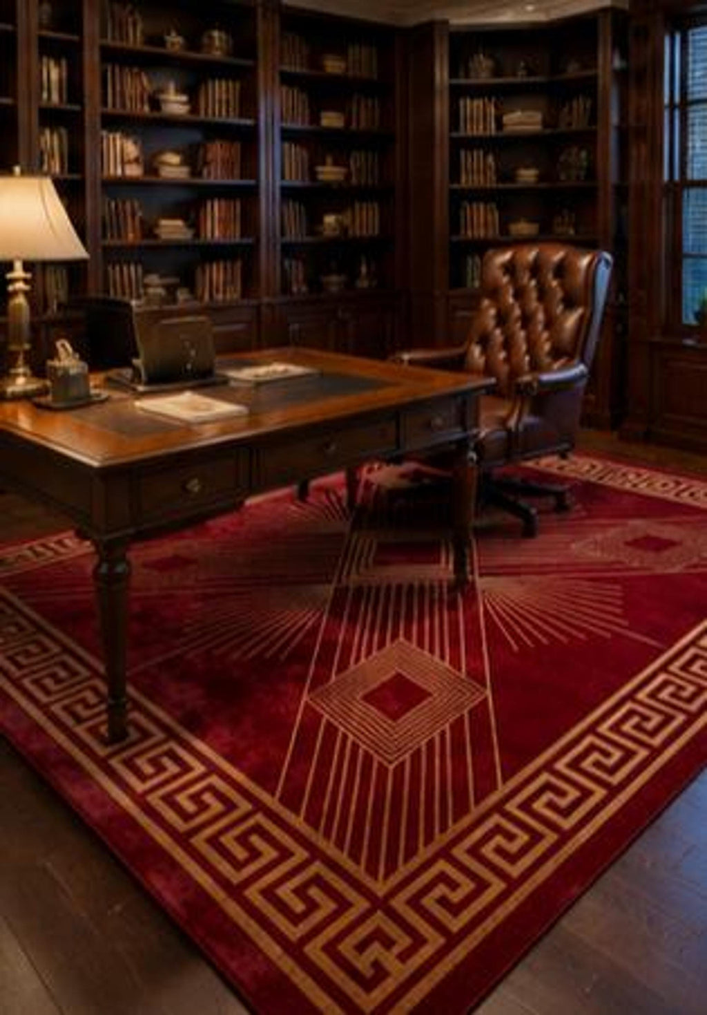 Red Geometric Area Rug, Art Deco Crimson and Gold Decor, Hand-Tufted Wool with Greek Key Border | 100% New Zealand Wool | Made to Order