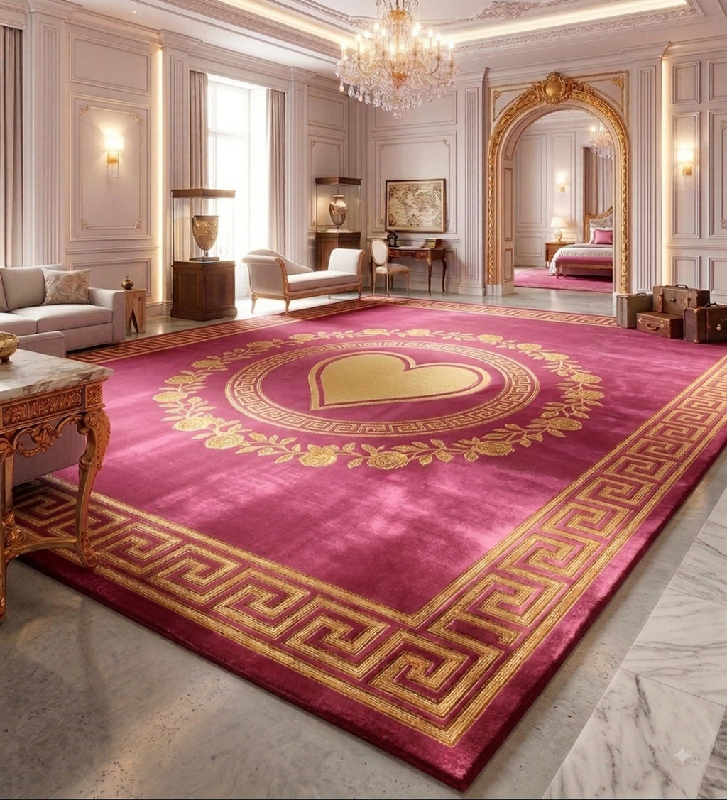 Greek Key Border Rug, Pink Romantic Bedroom Decor, Hand-Tufted Wool Design | 100% New Zealand Wool | Made to Order
