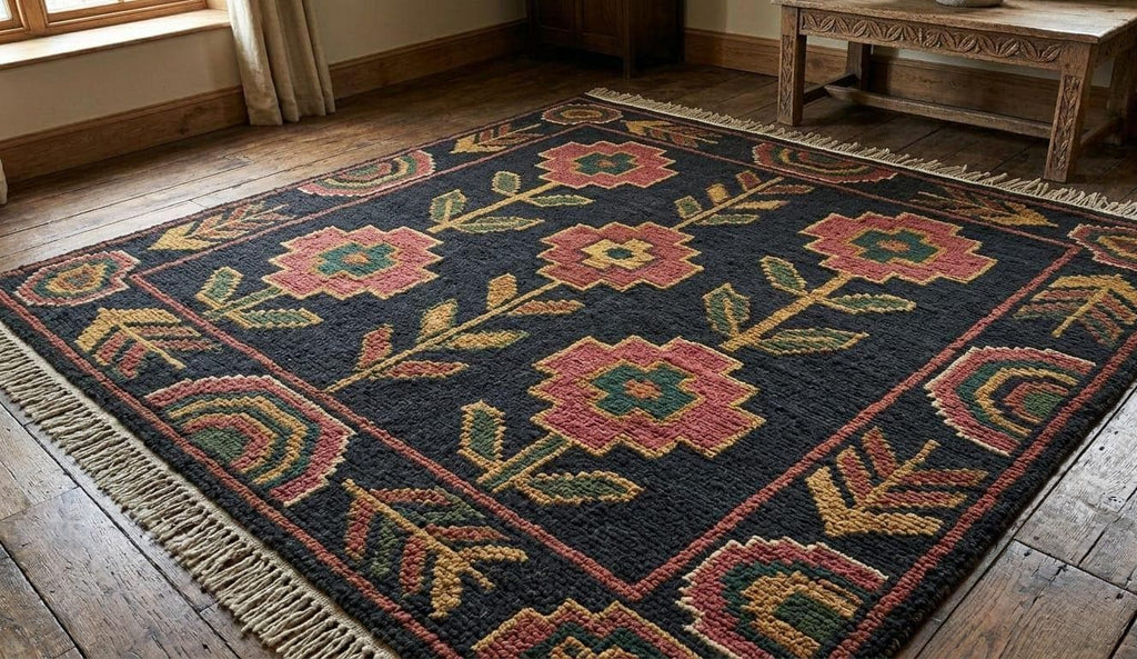 Hand Knotted Wool Area Rug – Dark Floral Geometric with Intricate Border | Free Doorstep Delivery to USA (Made to Order)