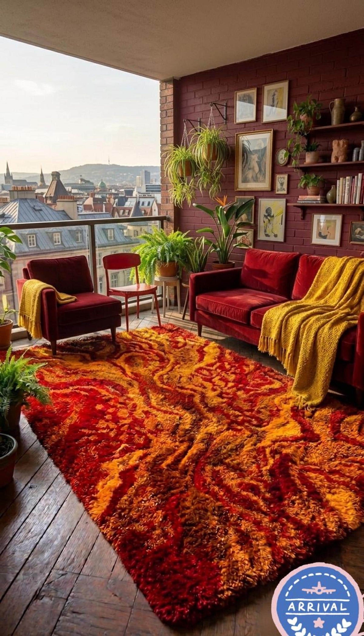 Red Orange Abstract Area Rug, Mid Century Boho Living Room Decor, High Pile Shag Mat | Made to Order