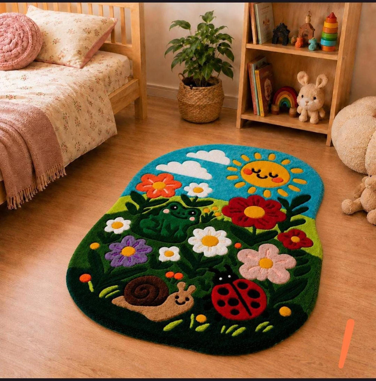 Whimsical Garden Rug, Hand-Tufted Wool Floor Art, 3D Carved Ladybug and Frog Details | Made to Order
