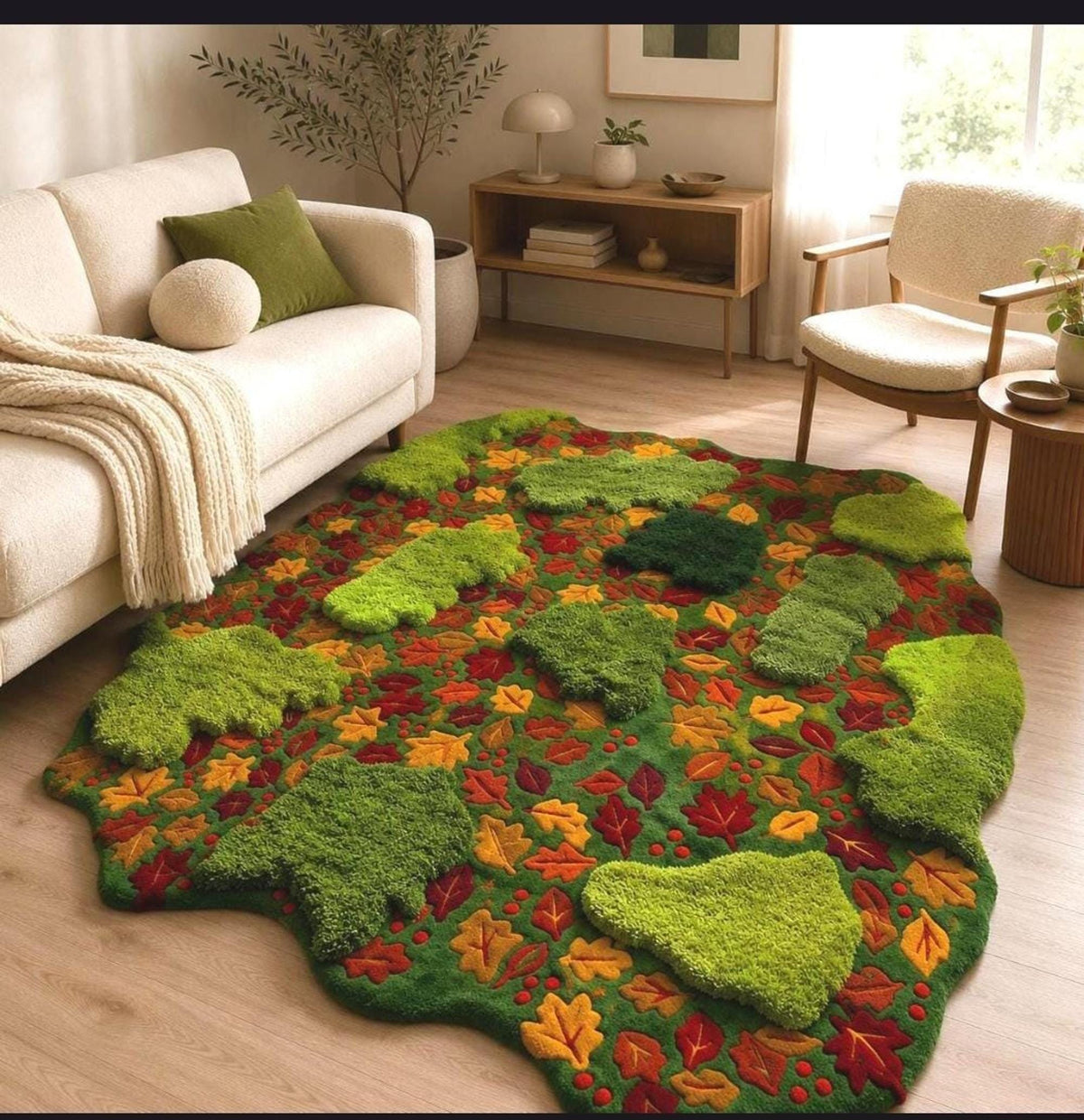 Moss Area Rug, Maple Leaf Forest Floor Decor, Hand-Carved Wool Art | Made to Order