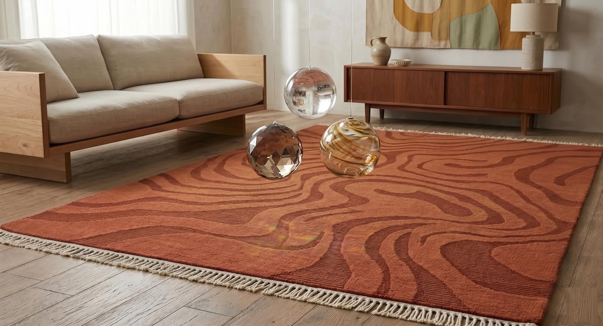 Hand Knotted Wool Area Rug – Rust & Terracotta Abstract | Free Doorstep Delivery to USA (Made to Order)