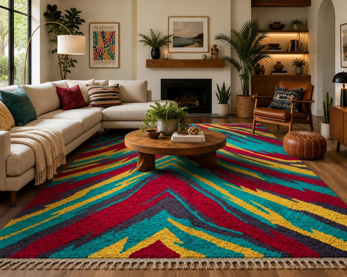 Hand Knotted Wool Area Rug – Shaggy Abstract Chevron | Free Doorstep Delivery to USA (Made to Order)