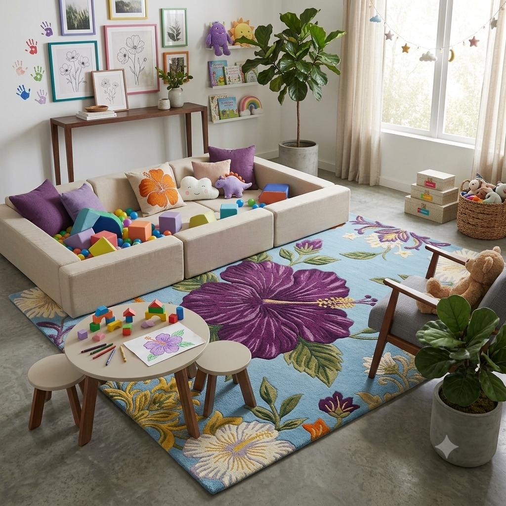 Vibrant 3D Sculpted Purple Hibiscus Hand-Tufted Rug – Sky Blue & Tropical Floral Bloom Carpet | Made to Order