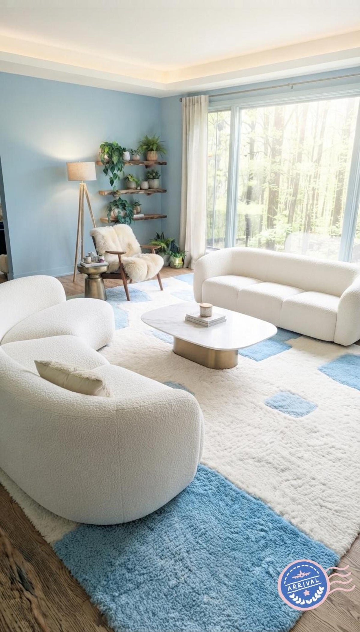 Blue Geometric Shag Area Rug, Handmade Cream 3D High Pile Design, Modern Home Decor | Made to Order