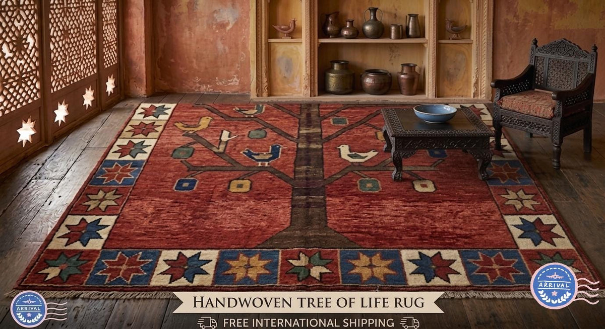 Hand Knotted Wool Tree of Life Rug – Terracotta Red with Tribal Birds & Geometric Border | Free Doorstep Delivery to USA (Made to Order)