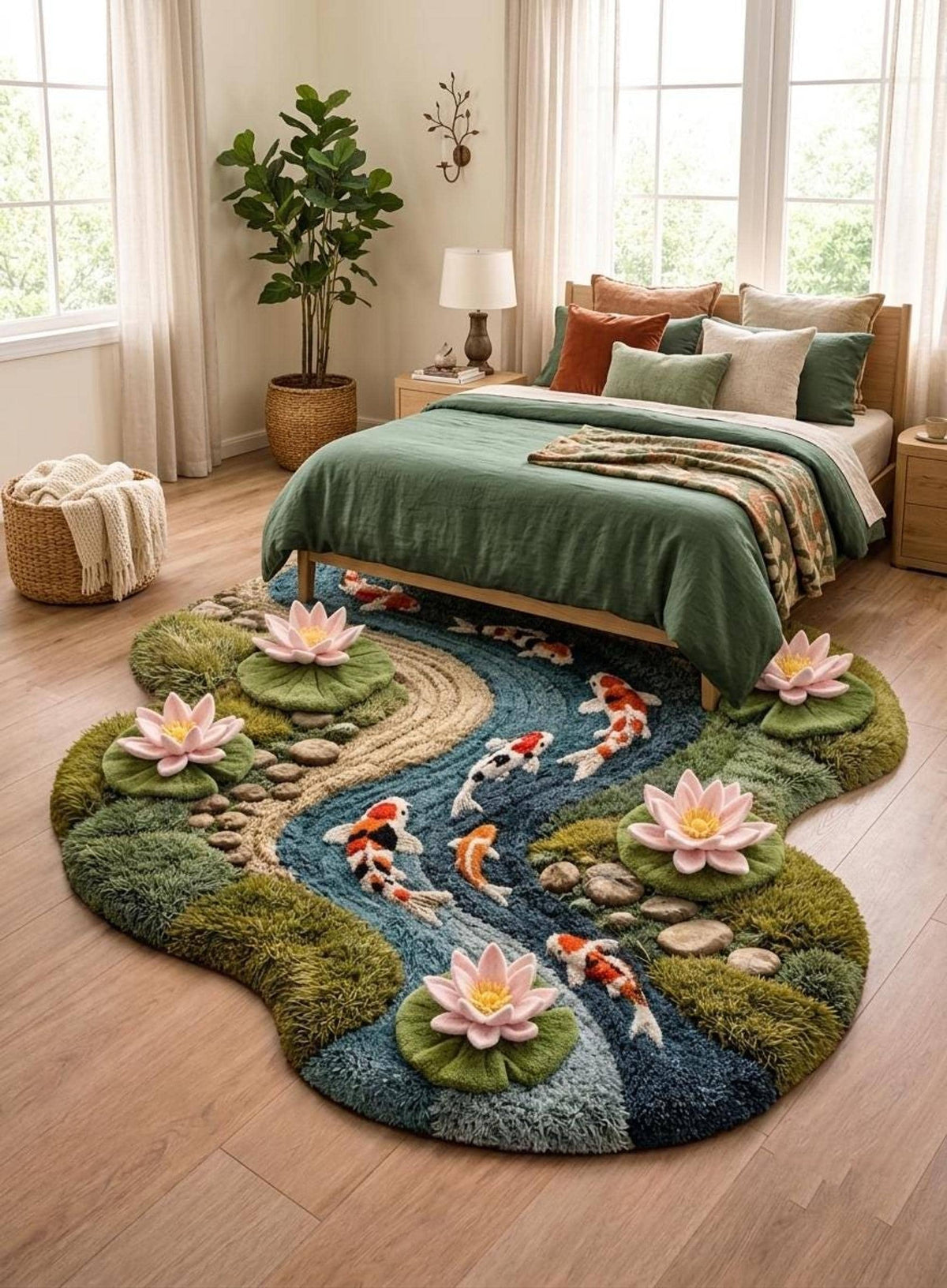Koi Pond Rug, Hand-Tufted Wool Floor Art, Japanese Zen Garden Decor | Made to Order