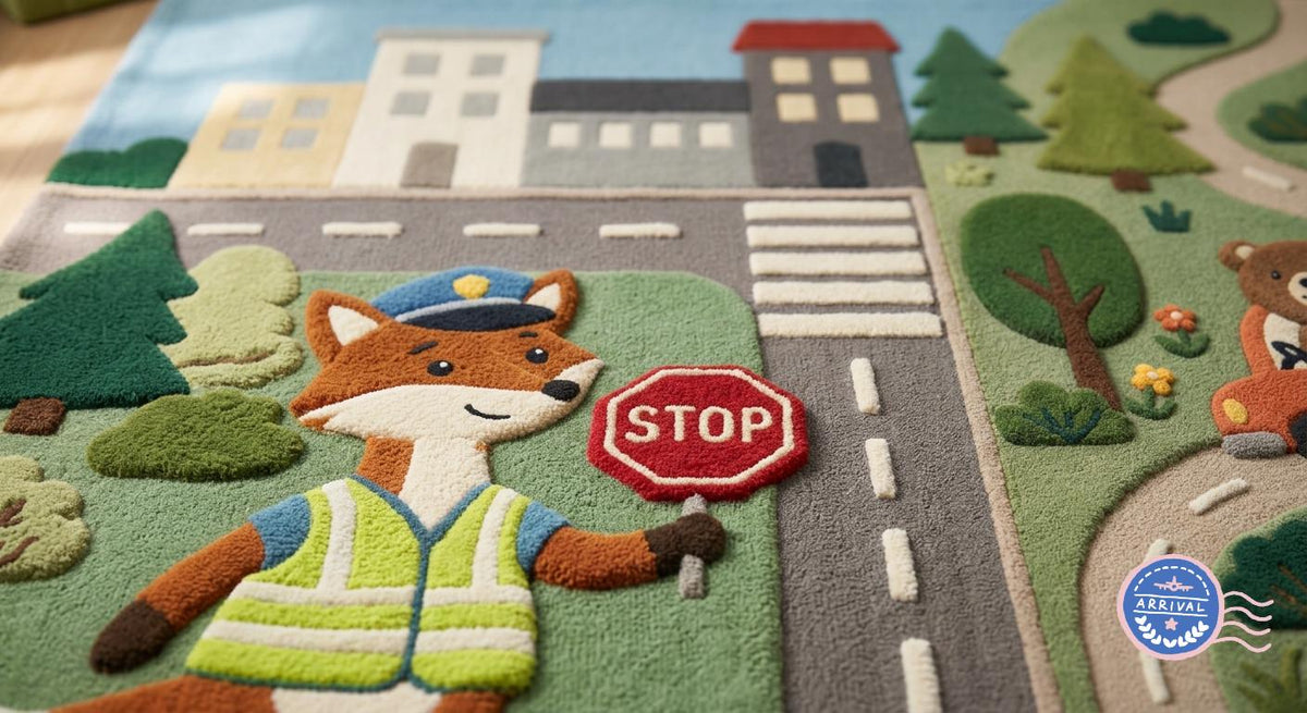 Interactive 3D Sculpted Town Road Animals Hand-Tufted Rug – Woodland Fox, Bear & Lion Kids Playmat | Made to Order