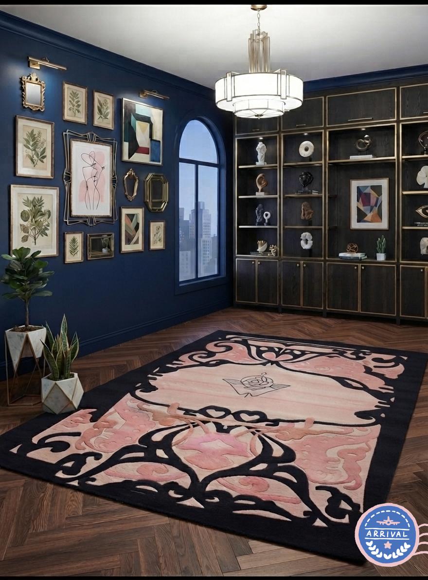 Hand-Made Trending Rose Area Rug – Modern Minimalist High Pile, Art Nouveau Border | Made to Order
